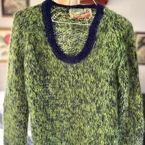 Green Knit Sweater w/ Navy Blue Trim. Made in Italy.